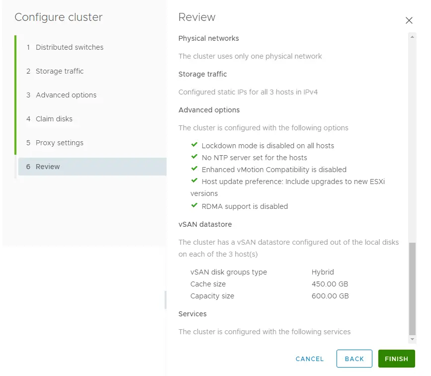 Review vSAN cluster settings