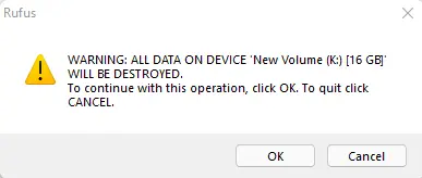 Rufus all data on device warning