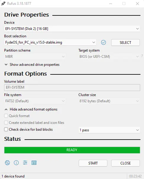 Rufus create FydeOS bootable USB