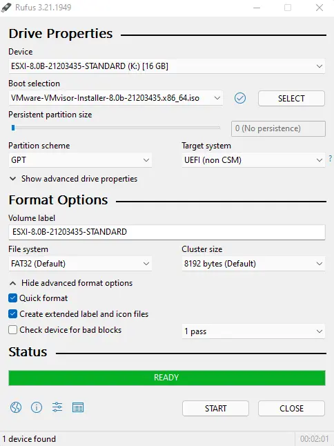 Rufus create bootable USB status