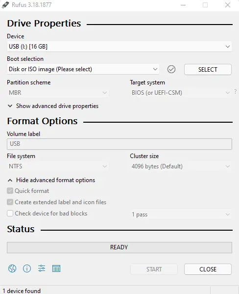 Rufus create usb bootable media