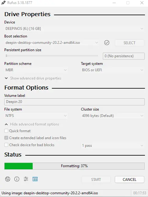 Rufus creating USB status