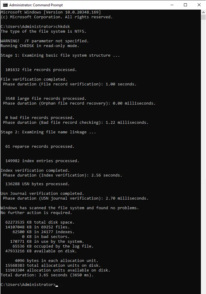 Run chkdsk command prompt