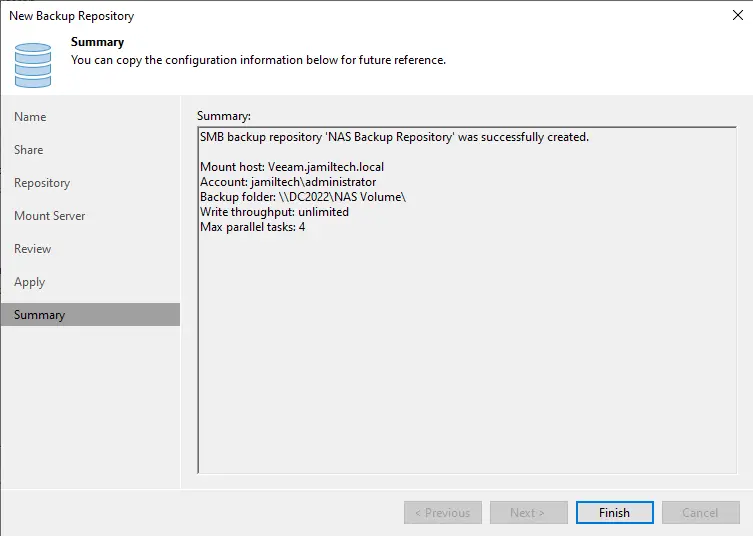 SMB backup repository created Veeam