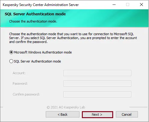 SQL Authentication Mode Kaspersky