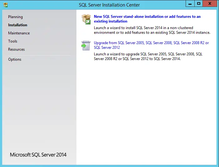 SQL Server installation center