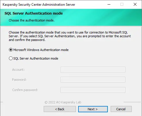 SQL authentication mode Kaspersky