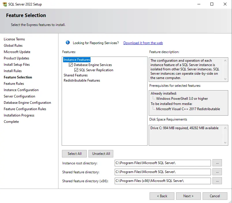 SQL express features to install