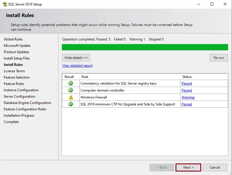 SQL server 2019 setup install rules