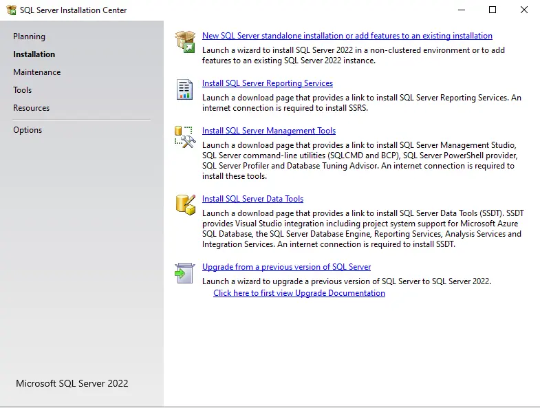 SQL server 2022 installation center