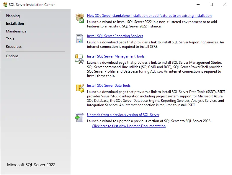 SQL server installation center