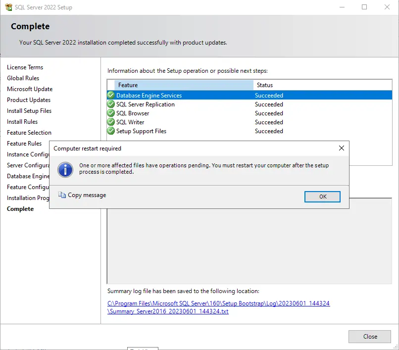SQL server installation complete