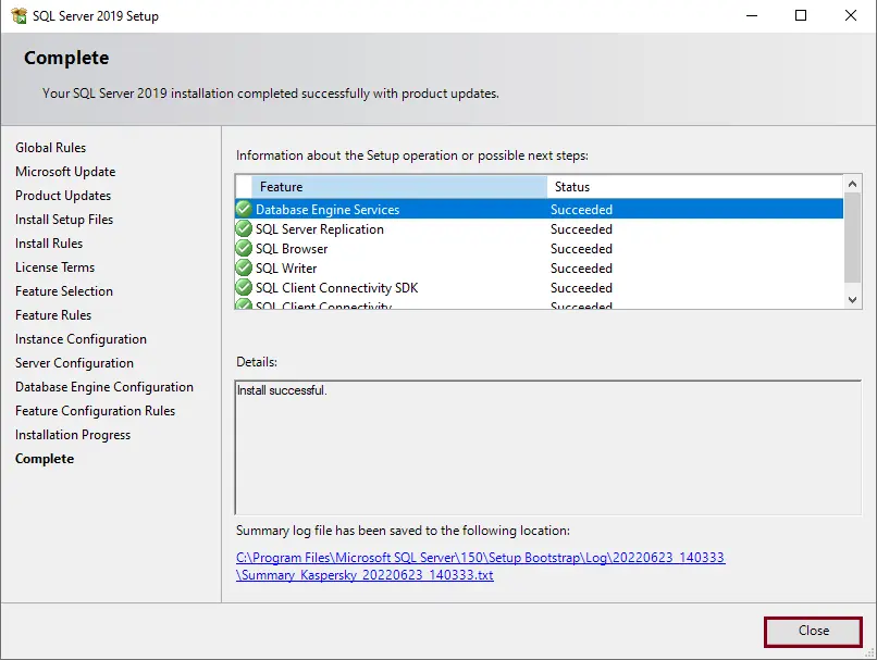 SQL server installation completed successfully