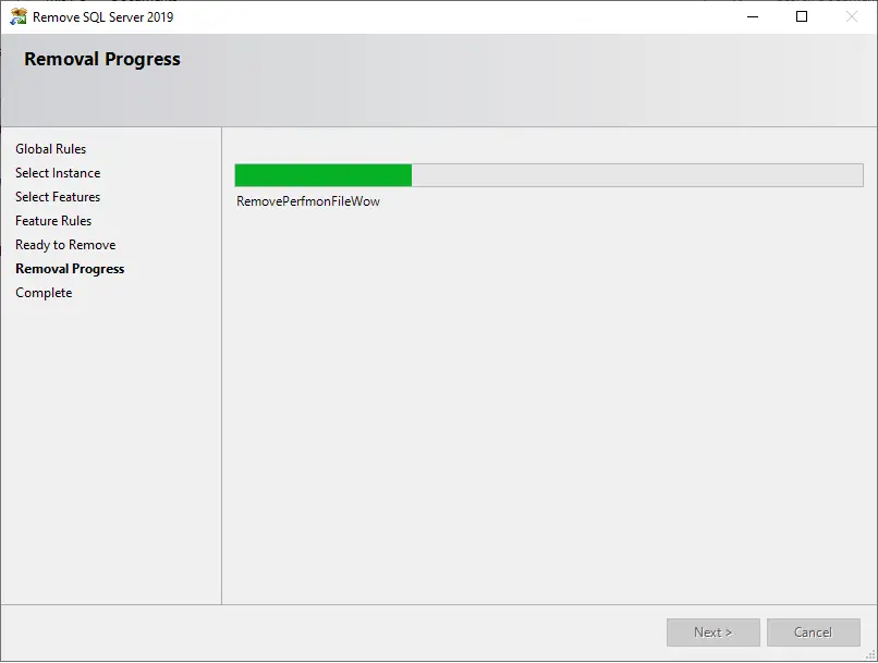 SQL server removal completed successfully