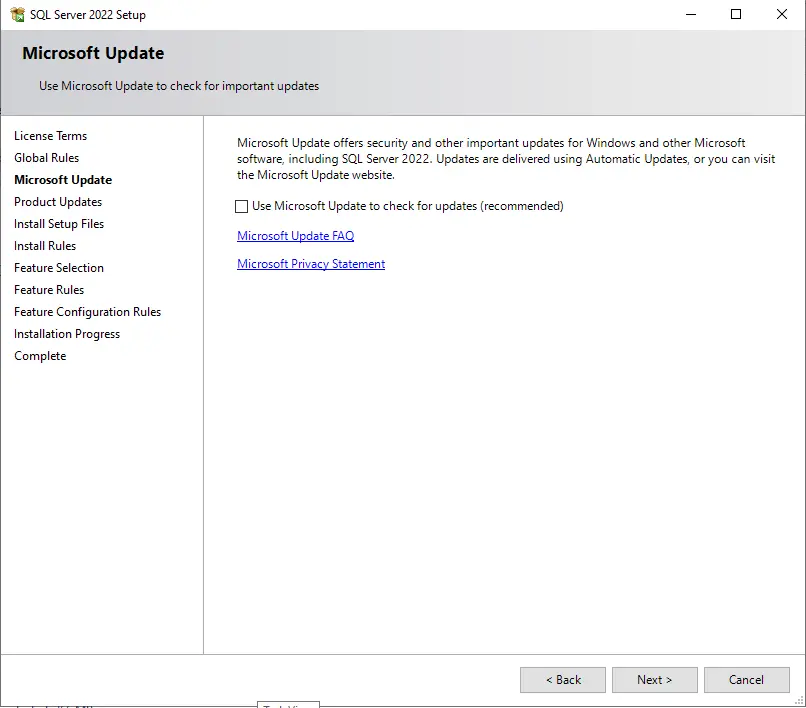 SQL server setup Microsoft updates