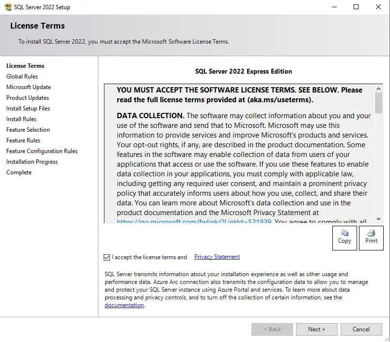 SQL server setup license terms