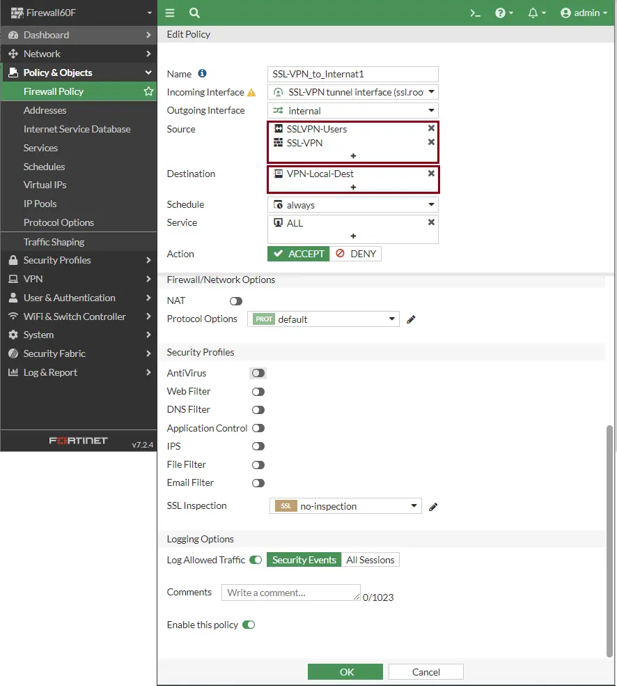 SSL VPN policy Fortigate Firewall