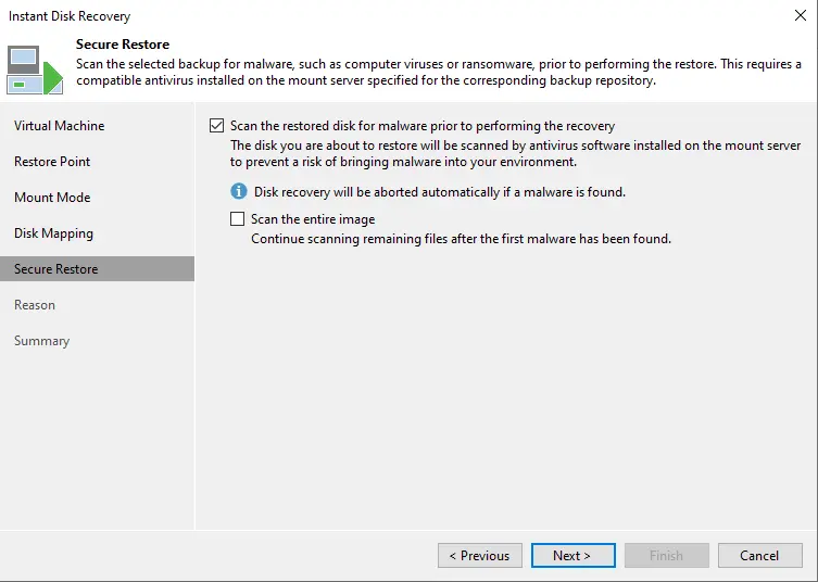 Scan the restored disk for malware Veeam