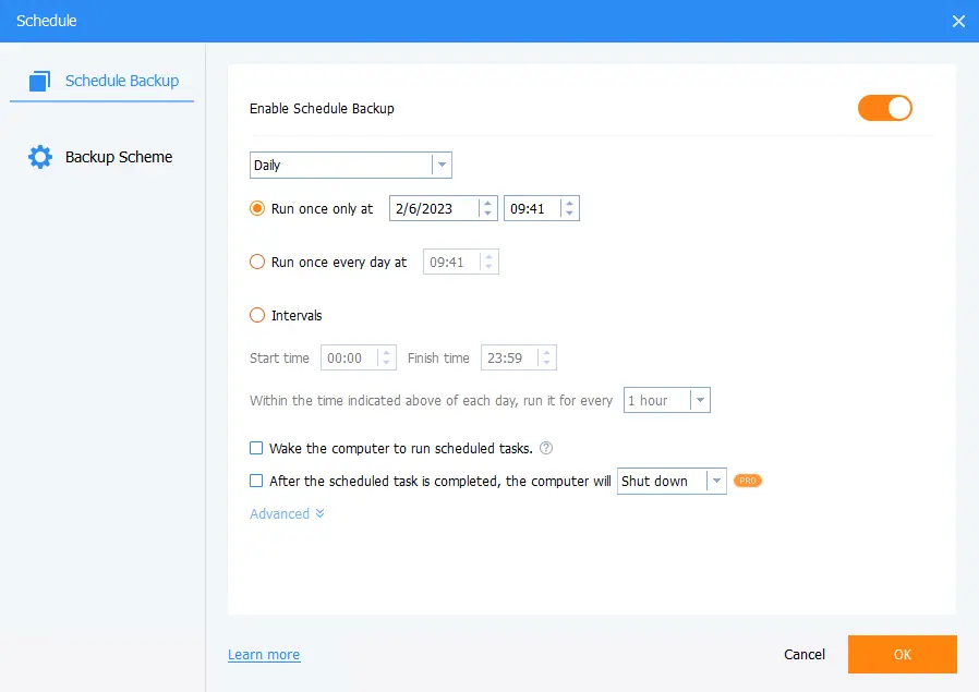 Schedule backup AOMEI backupper