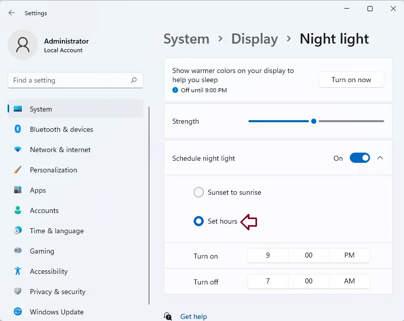 Schedule night light Windows 11