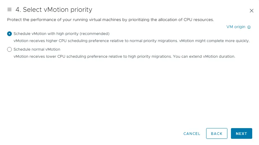 Schedule vMotion with high priority