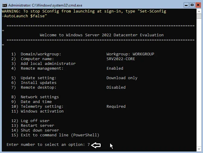 Sconfig Windows’s server 2022 core