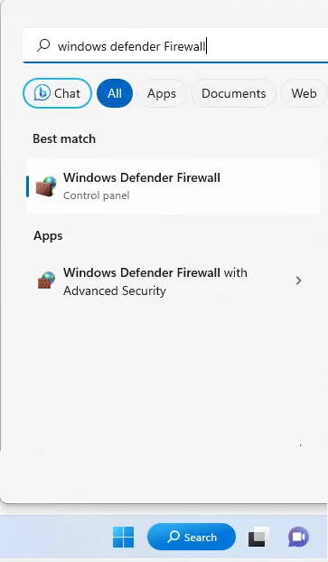 Search Windows Defender Firewall