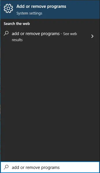Search add or remove programs