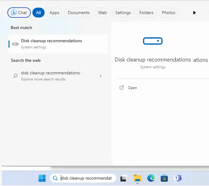 Search disk cleanup recommendations