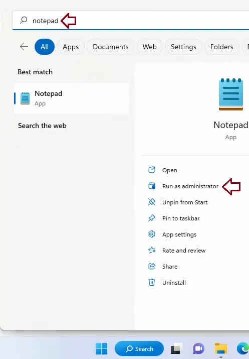 Search notepad in Windows search
