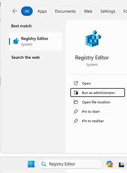 Search registry editor and run as administrator