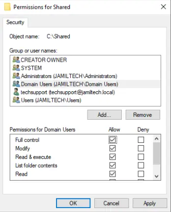 Security permission for shared