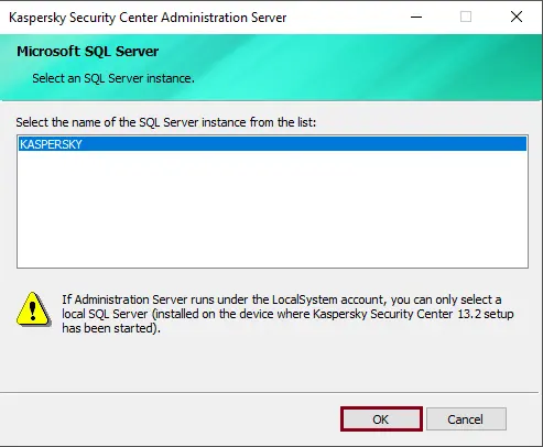 Select SQL Server instance Kaspersky