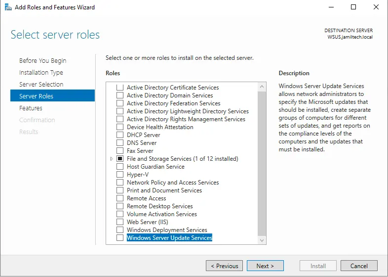 Select Windows Server Update Services role