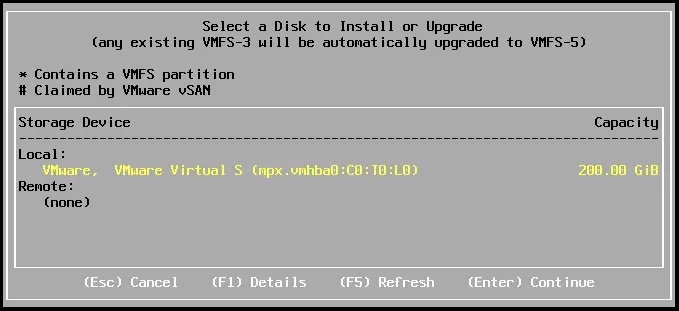 Select a disk to install ESXi 8