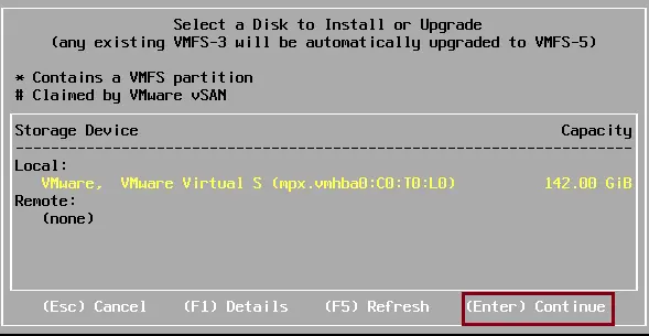 Select a disk to install ESXi