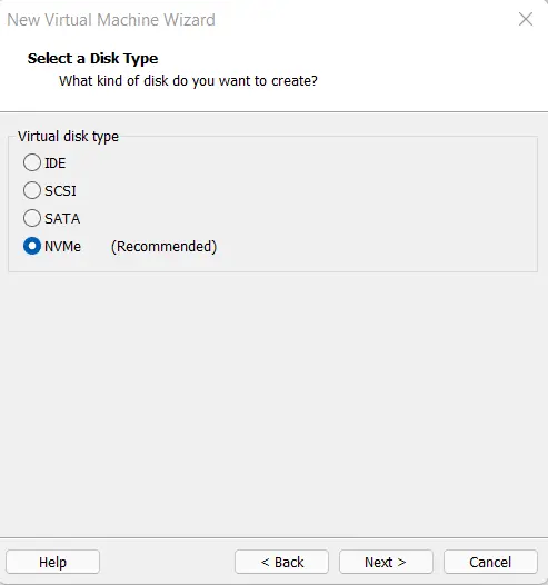 Select a disk type NVMe