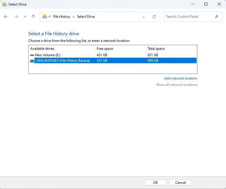 Select a file history drive