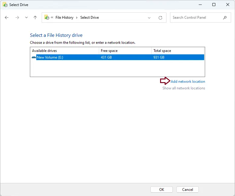 Select a file history drive