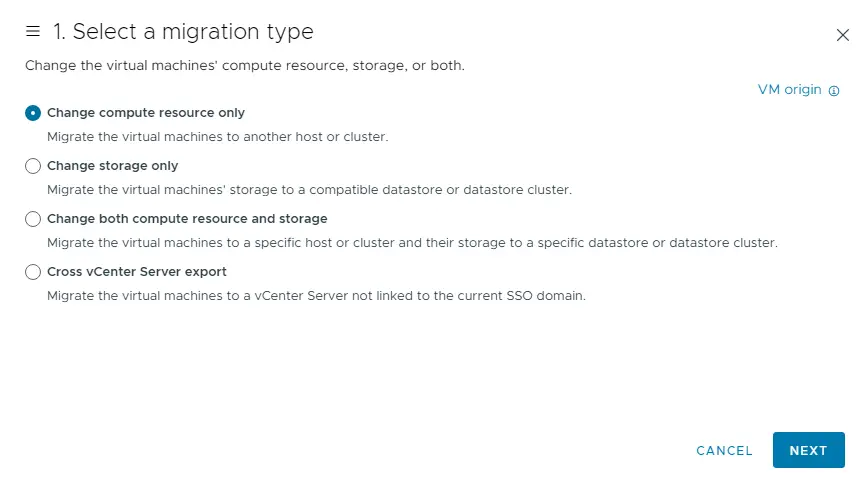 Select a migration type vMotion