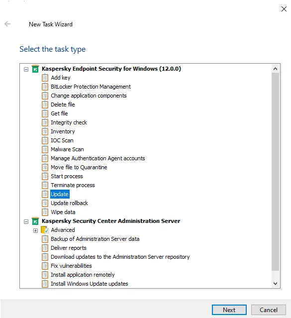 Select a task type Kaspersky