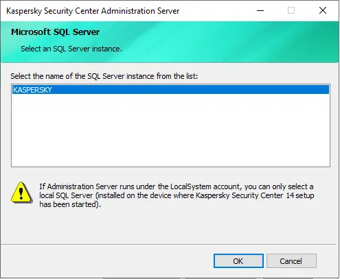 Select an SQL Server instance Kaspersky