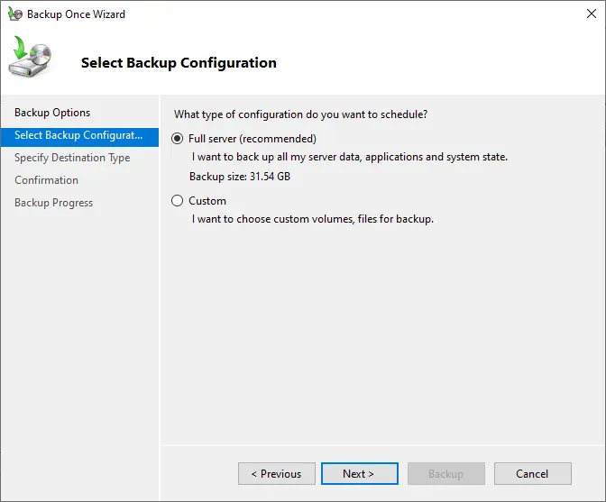 Select backup configuration