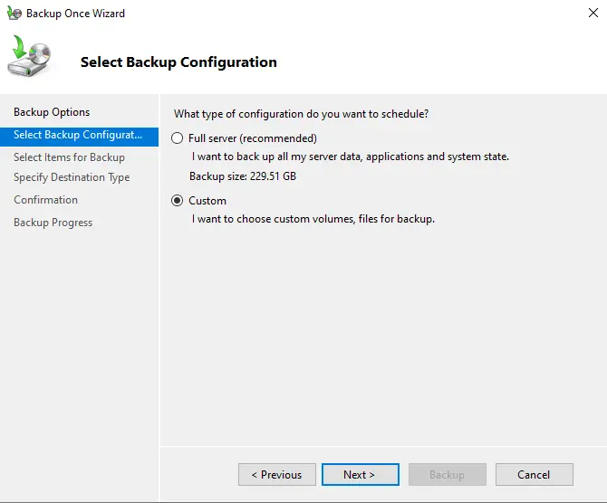 Select backup configuration