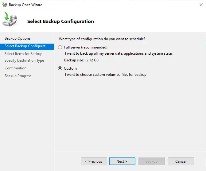 Select backup configurations custom