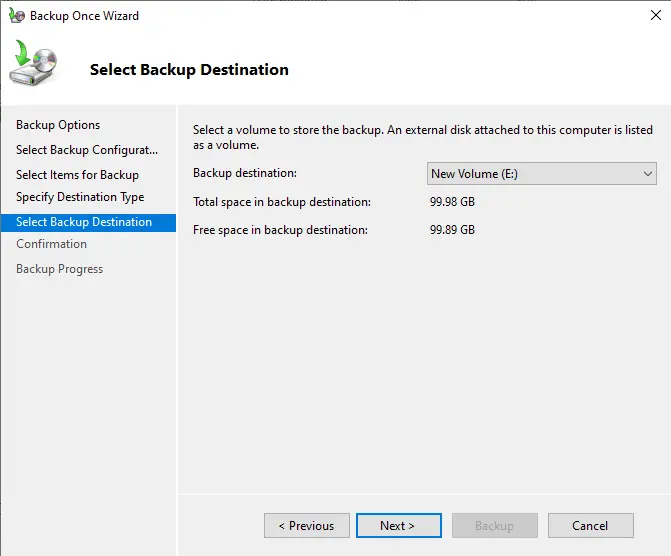 Select backup destination