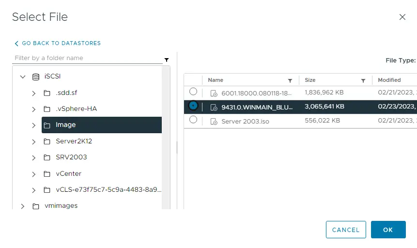 Select datastore ISO file