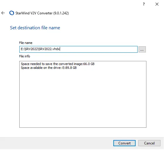 Select destination file name v2v converter