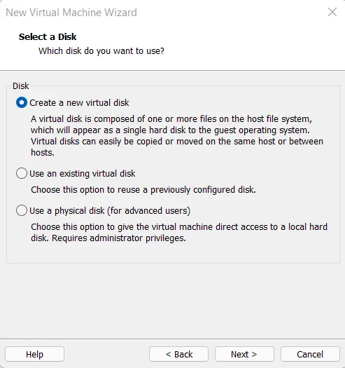 Select disk create a virtual machine