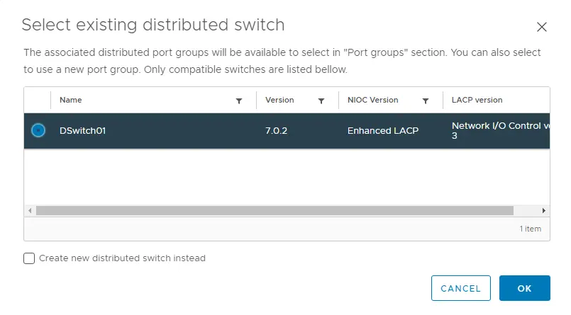 Select existing distributed switch